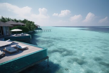 Obraz premium Amazing drone view of the beach and water with beautiful colors. luxury tropical resort or hotel with water villas and beautiful beach scenery. maldives, summer vacation, resort maldivian houses.
