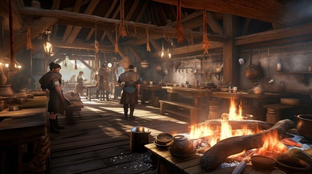 Bustling kitchen area of the tavern, with cooks preparing delicious meals, pots simmering on the fire, and savory aromas filling the air