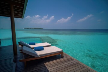 Obraz premium Amazing drone view of the beach and water with beautiful colors. luxury tropical resort or hotel with water villas and beautiful beach scenery. maldives, summer vacation, resort maldivian houses.