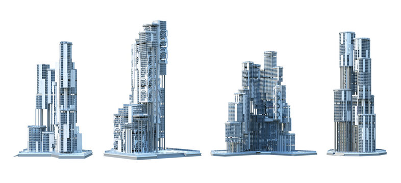 Skyscrapers, Business Towers, Office, Residential, Commercial Tall Buildings Set. Modern Eco Cityscape 3D Render Design Element. Smart City Megapolis Town Skyscraper Icons Isolated, Transparent PNG	