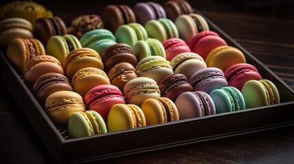 A tray of colorful macarons, displayed in an appealing arrangement