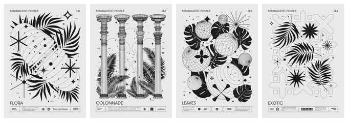 Futuristic retro vector minimalistic Posters with 3d strange wireframes geometrical shapes and exotic leaves, tropical plants, Artwork with silhouette abstract graphic elements basic figures, set 36