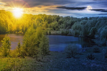 Fototapeta na wymiar day and night time change concept by the lake. nature scenery with forest on the hills and trees on the shore at twilight. equinox concept with sun and moon