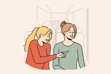 Smiling girls have fun riding in bus. Happy women enjoy bus ride looking in windows. Vector illustration. 