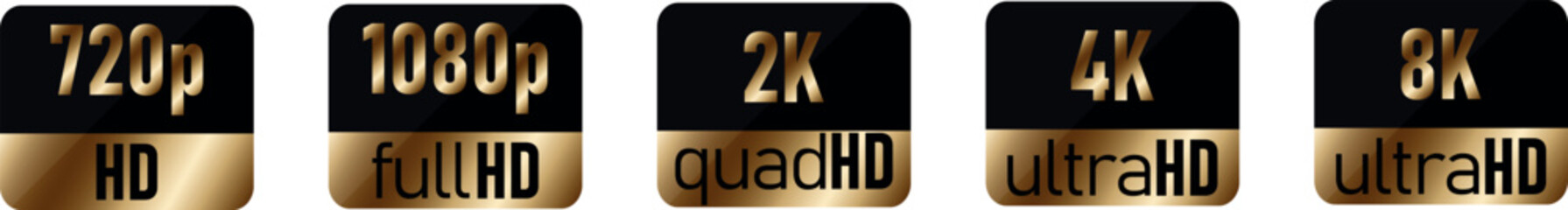 Screen definition golden sticker, badge. 720p hd , 1080p fhd, 2k quad hd, 4K ultra hd, 8k ultra hd, collection icons.