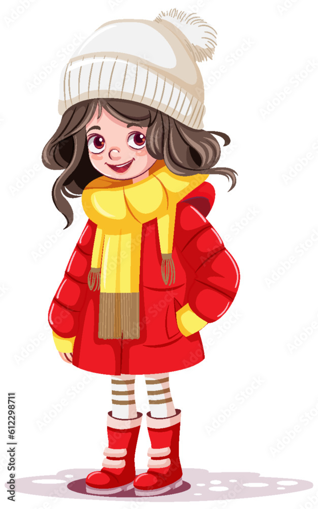 Sticker Cute girl cartoon character in winter outfit