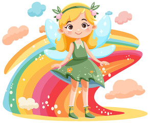 Obraz na płótnie Canvas Cute fantasy fairy cartoon character with colourful rainbow