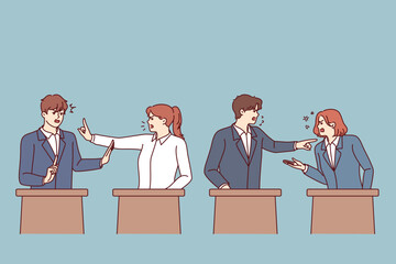 Debates of politicians standing behind stands during election campaign and attempts to out-arguing opponents. Men and women participate in political debates wishing to become deputies or senators - obrazy, fototapety, plakaty