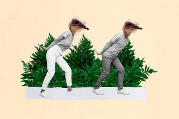 Creative composite abstract concept photo collage of weird strange headless people ostrich instead...