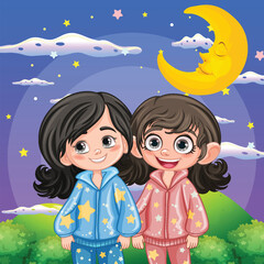 Two friends at the garden at night wearing pajamas