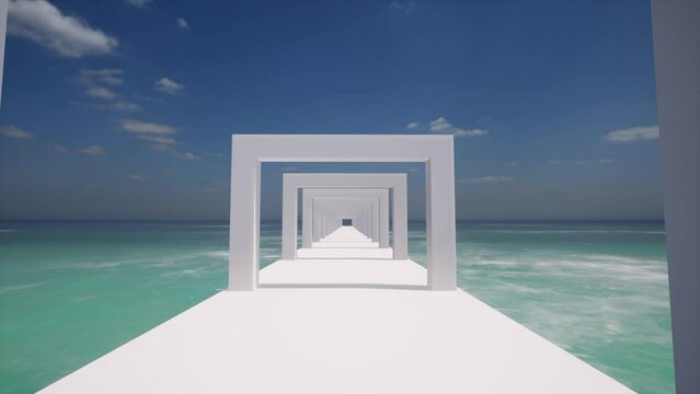 Futuristic new architecture square arch pedestal tropical ocean recreation area 4k