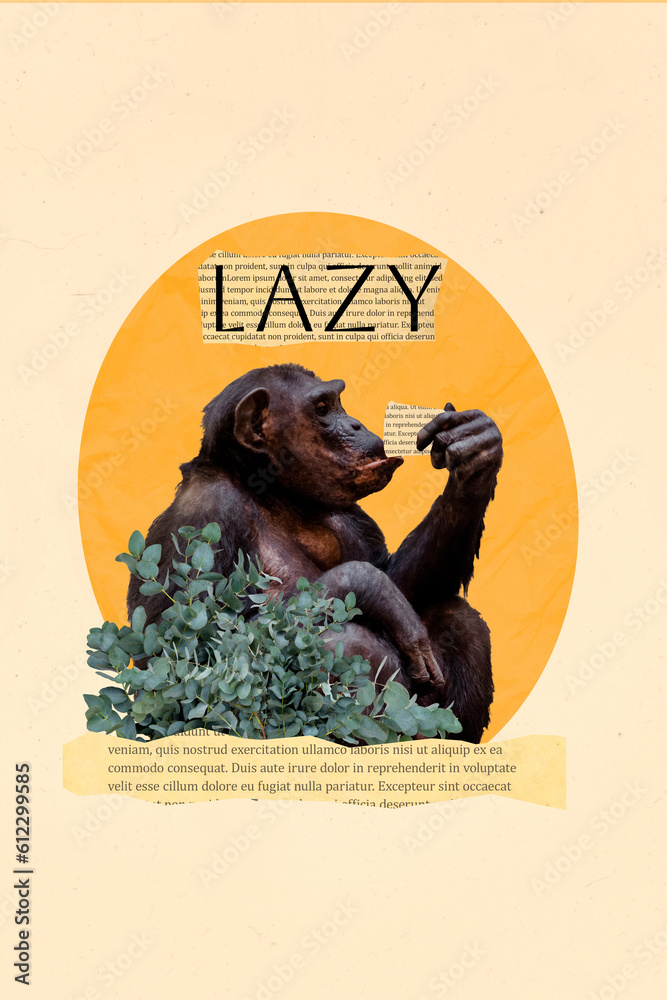 Sticker vertical composite avatar collage of primate lazy monkey chimpanzee exhausted depressed hate work is