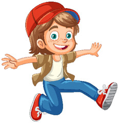 Urban girl wearing cap jumping cartoon character