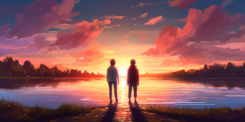 Young friends on shore of beautiful lake. Camping season