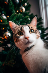 Selfie of a ginger cat on the background of the Christmas tree. Generative AI