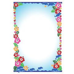 Decorative frame of cute tropical flowers and dolphins,