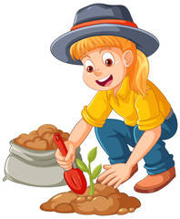 Farmer planting small plant on the ground isolated
