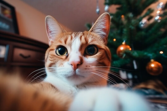 Selfie of a ginger cat on the background of the Christmas tree. Generative AI