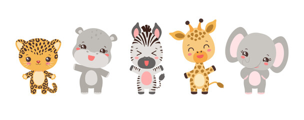 Cute african animal set. Kawaii style safari animals vector illustration. Cute cartoon collection. Happy tropical animals leopard, cheetah, giraffe, zebra, elephant, hippopotamus. Adorable characters. © Cute Design