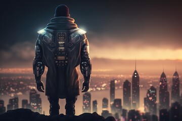 A giant super human looking down an illuminated smart city