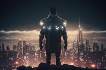 A giant super human looking down an illuminated smart city
