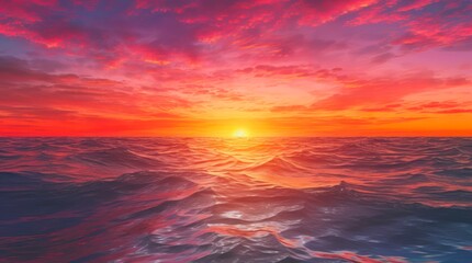 Beautiful sunset over the ocean. Water in the red light of setting sun. Generative AI