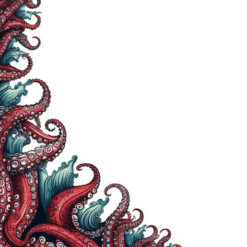 Tentacles and seaweed inked border in style of old illustration isolated on transparent background - Generative AI