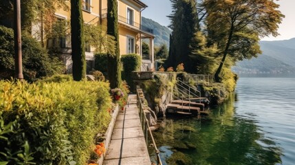 Fototapeta na wymiar Charming villa situated on the shores of Lake Como, with a private dock, beautiful gardens, and balconies overlooking the serene waters