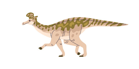 Fototapeta premium Lambeosaurini, prehistoric ancient dinosaur. Extinct big large dino with crest, side view. Prehistory reptile animal of Jurassic period. Flat vector illustration isolated on white background