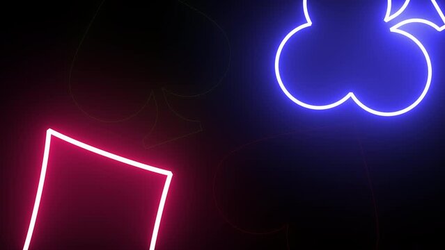neon gambling animation of four playing card suits heart, spade, diamond and club shapes on black background, 4K abstract gambling loop background