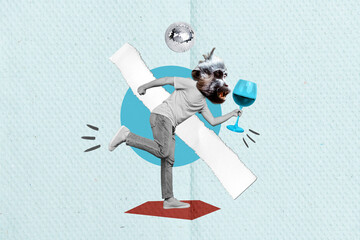 Creative collage of black white colors guy monkey head arm hold wine glass disco ball isolated on...