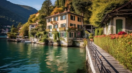 Fototapeta na wymiar Charming villa situated on the shores of Lake Como, with a private dock, beautiful gardens, and balconies overlooking the serene waters