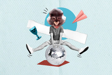 Artwork collage picture of black white colors guy monkey head jump above big disco ball wine glass...
