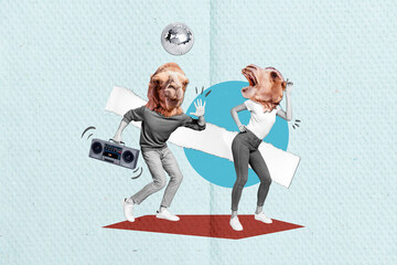 Artwork collage image of two black white colors people camel head dancing boombox music disco ball...