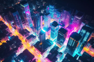 Big city with skyscrapers in neon abstract futuristic style with night lights. Generative AI