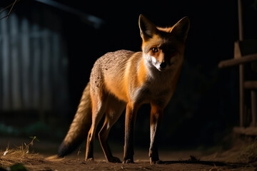 Naklejka premium Fox at night in countryside village area. Generative AI