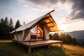 Stylish glamping tent in mountains at sunset. Generative AI