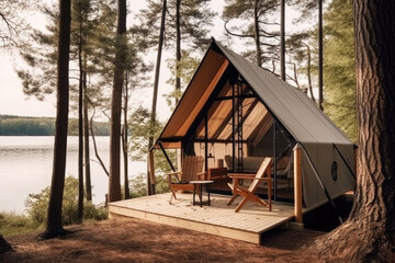 Stylish glamping tent nestled by a lake in a forest, Generative AI