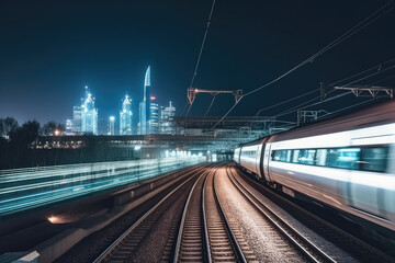 Fototapeta na wymiar Fast modern train moving through the city the night. Generative AI
