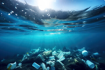 Plastic waste, litter and garbage pollute underwater ocean, Generative AI