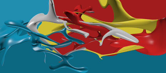 Obraz premium Bright color explosion of paints. Splashing paint. Liquid background with flying jets and drops. Mixture of oil paints. Colorful wallpaper. 3d render illustration