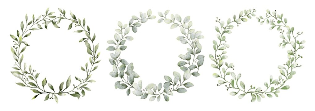 Set of watercolor wreaths with green leaves