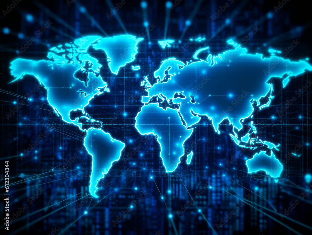 Poster digital world map background, earth network. worldmap in neon light blue display screen, worldwide c