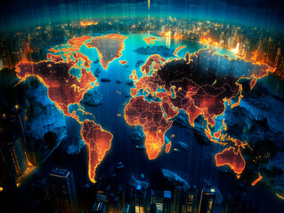 Digital world map background, earth network. Worldmap in neon light orange display screen, worldwide connection and telecommunication technology. Ai generative illustration