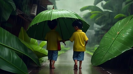 Two small boys are walking in the rain Ai Generated