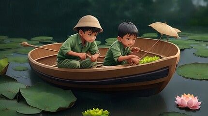 Two small boys are playing in a boat Ai Generated