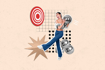 Collage picture of overjoyed girl dancing hands hold disco ball darts board target isolated on painted beige background