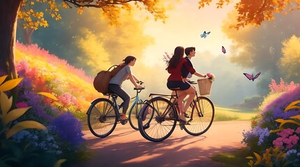Two friends are riding a bicycle in the nature Ai Generated