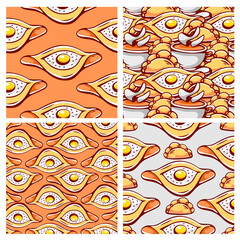 Vector patterns on the theme of khachapuri pies in cartoon style.