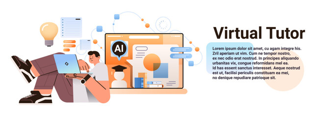 student doing homework with ai helper bot educational web seminar internet classes online teacher virtual tutor